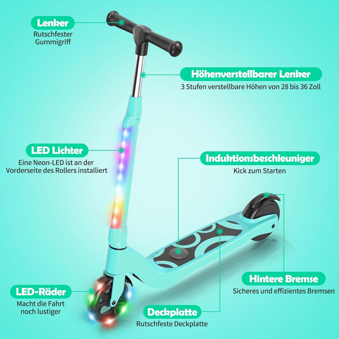 SISIGAD E Scooter Kinder für 6-12 Jahre, E Roller Kinder 5.3 Zoll Kinderroller mit Blinkende LED-Leu