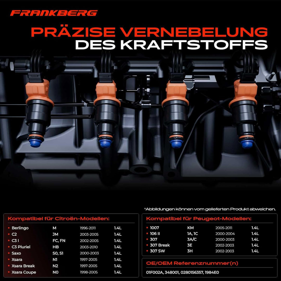 Frankberg 4x Einspritzventil Einspritzdüse Injektor Kompatibel mit 306 7B N3 N5 1.4L 1998-2000 C3 I