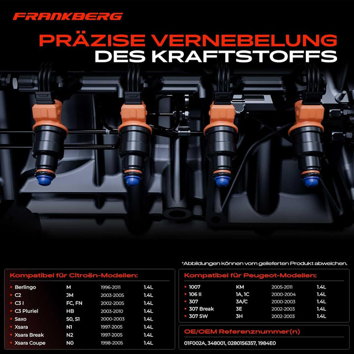 Frankberg 4x Einspritzventil Einspritzdüse Injektor Kompatibel mit 306 7B N3 N5 1.4L 1998-2000 C3 I