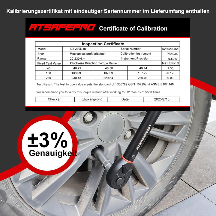 ATsafepro Drehmomentschlüssel 1/2 Zoll, Drehmomentschlüssel Auto 20-230 Nm mit 3/8 Zoll Adapter, hoh