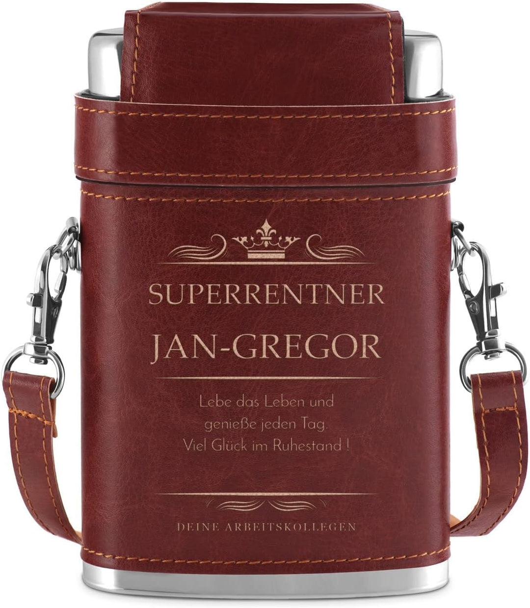 Maverton Flachmann mit Gravur - personalisiert - 250 ml - 3x10 ml Becher - aus Edelstahl - Ledertasc