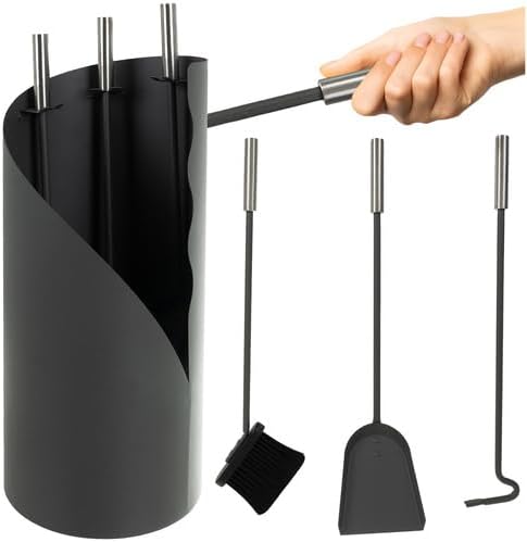 Kaminbesteck Kaminzubehör Set Kaminwerkzeug Ofenbesteck Anthrazit 4-in-1-Set mit Besen, Schaufel, Ei