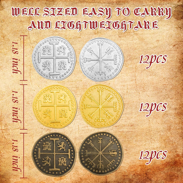 Byhoo 36 Pcs Metall Piraten Token Münzen Set, Realistische Schatz Spanisch Währung Münzen für Pirate