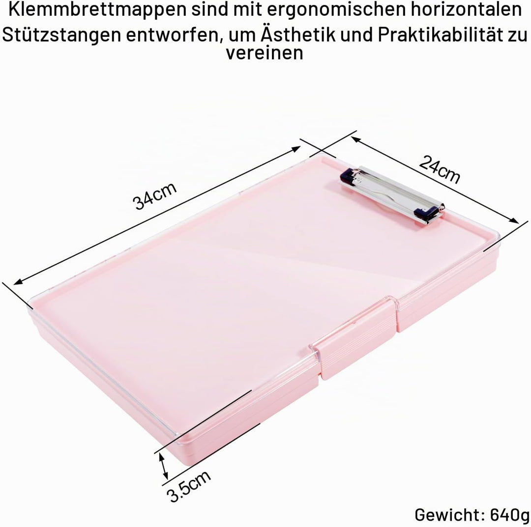 FRETONBA Klemmbrett a4 mit Aufbewahrungsfach, Rosa Kunststoff-Klemmbrett, Leichtes Zwischenablage, T