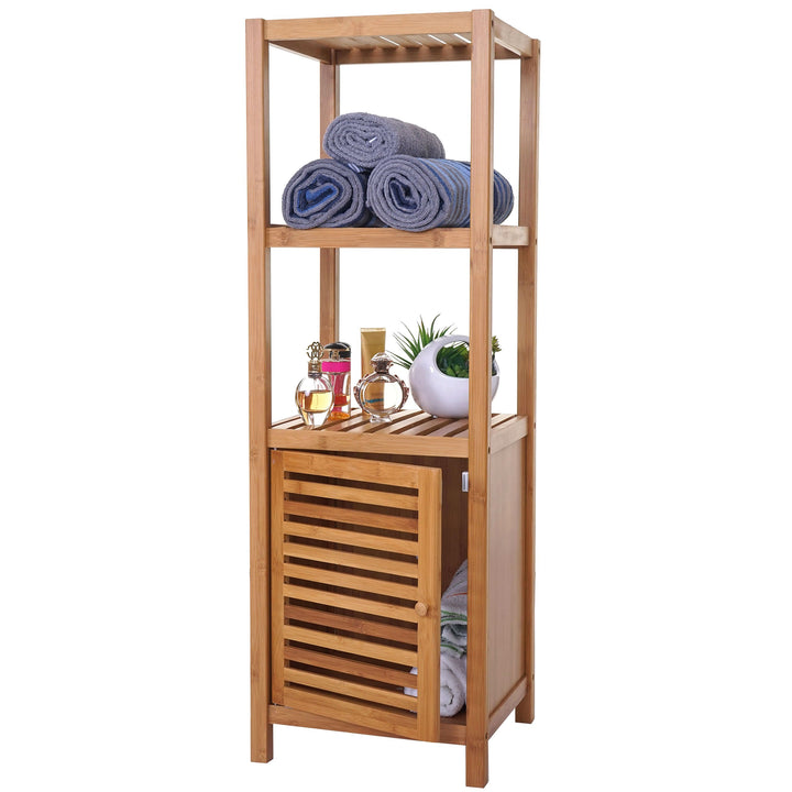 Mendler Badregal HWC-B18, Badezimmer Badschrank Standregal mit Tür, Bambus - 110x36x34cm, 110x36x34c
