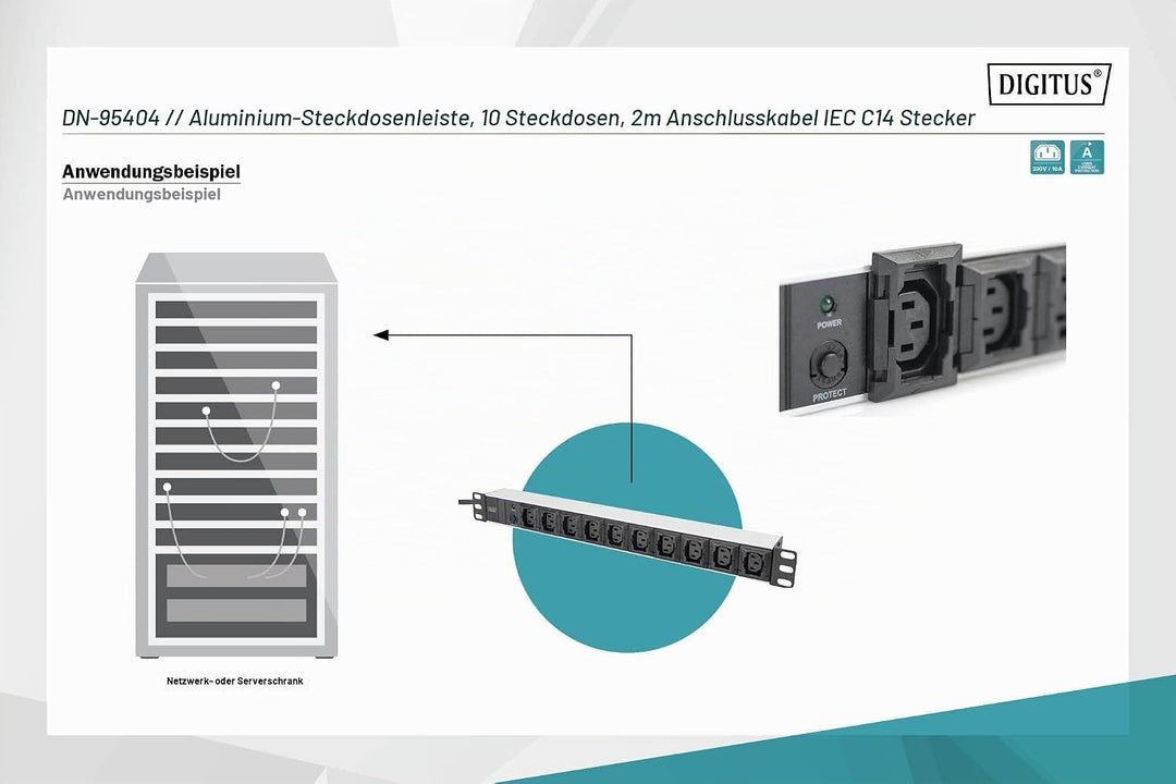 DIGITUS 19" Steckdosenleiste - 10 IEC C13 Abgriffe - 1HE - 250VAC - 50/60Hz - 10A - 2500W - Mit Über