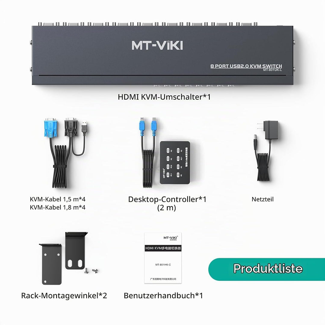 MT-VIKI VGA KVM Switch 8 Port 1U Rackmount KVM Switch 8 in 1 out Sharing für Tastatur Maus USB-Lauts