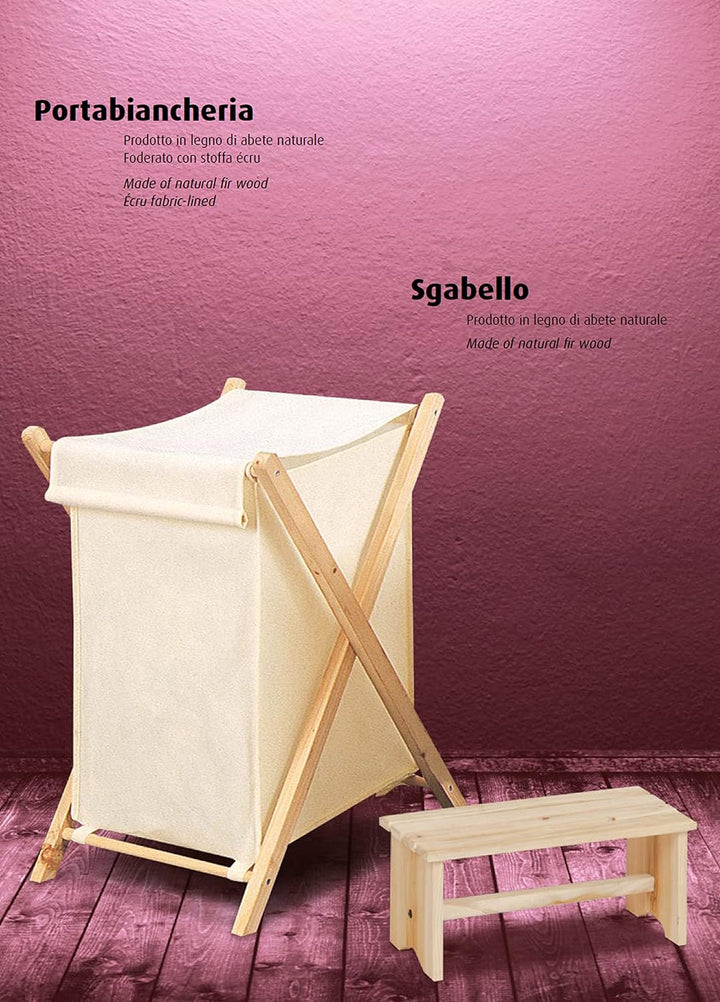 King Home P1513277 Faltbarer Wäschesammler aus Holz und Stoff Ecru, 42X41X64H