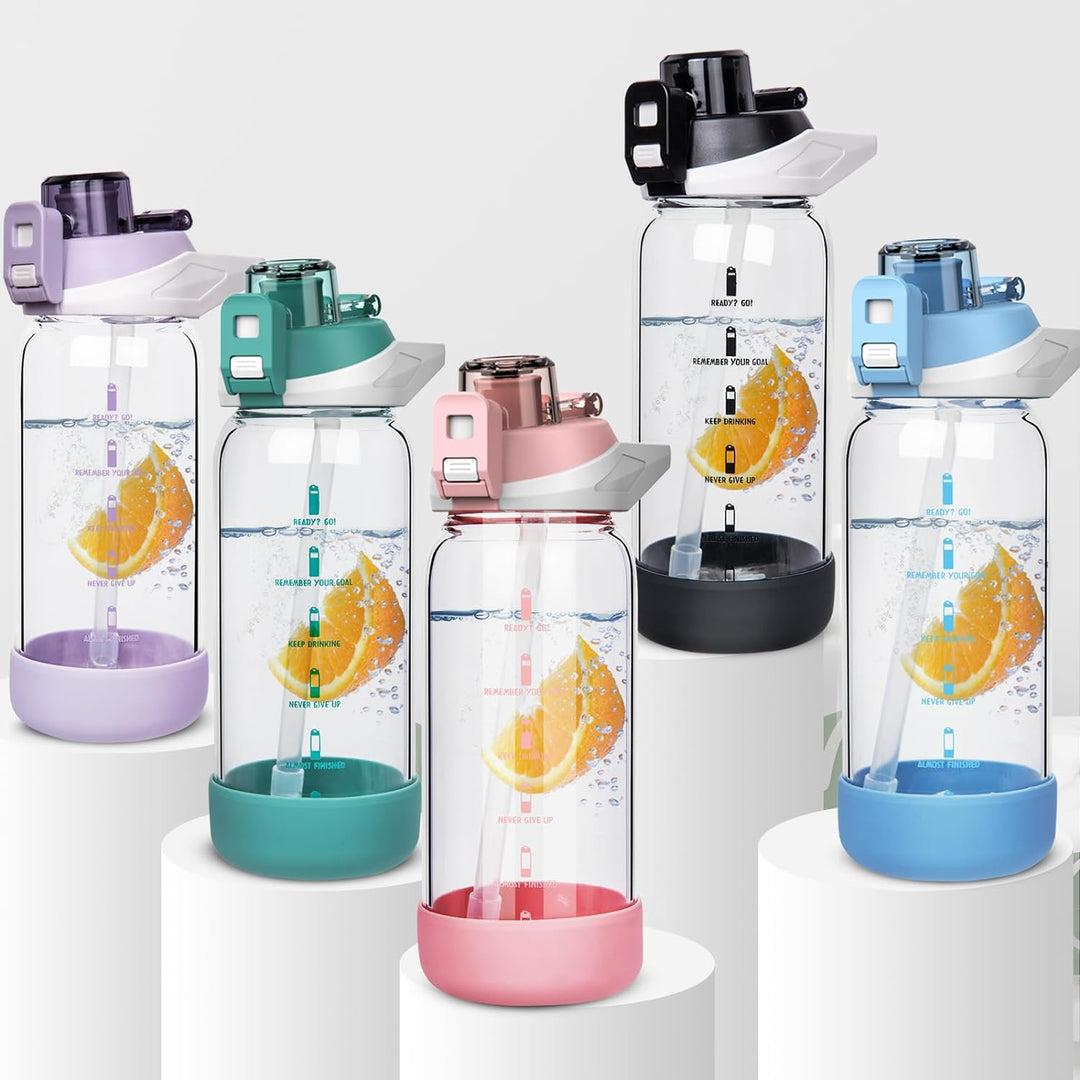 Seekua 0.6l Sport Trinkflasche Glas Flasche mit Strohhalm & Zeitmarkierung für Kinder, Schule 600ml