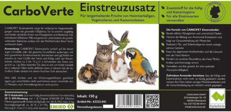 Einstreuzusatz mit Pflanzenkohle, Biochar, 150 g für Hamster, Hasen, Kaninchen, Vögel, geruchshemmen