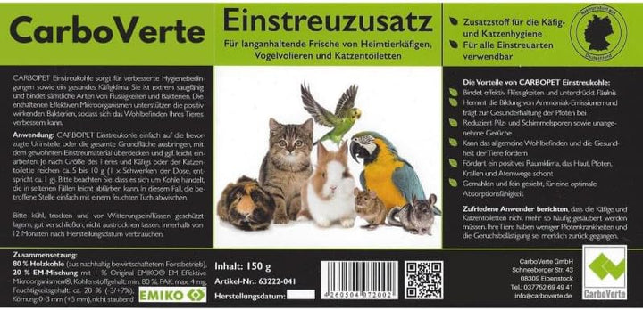 Einstreuzusatz mit Pflanzenkohle, Biochar, 150 g für Hamster, Hasen, Kaninchen, Vögel, geruchshemmen