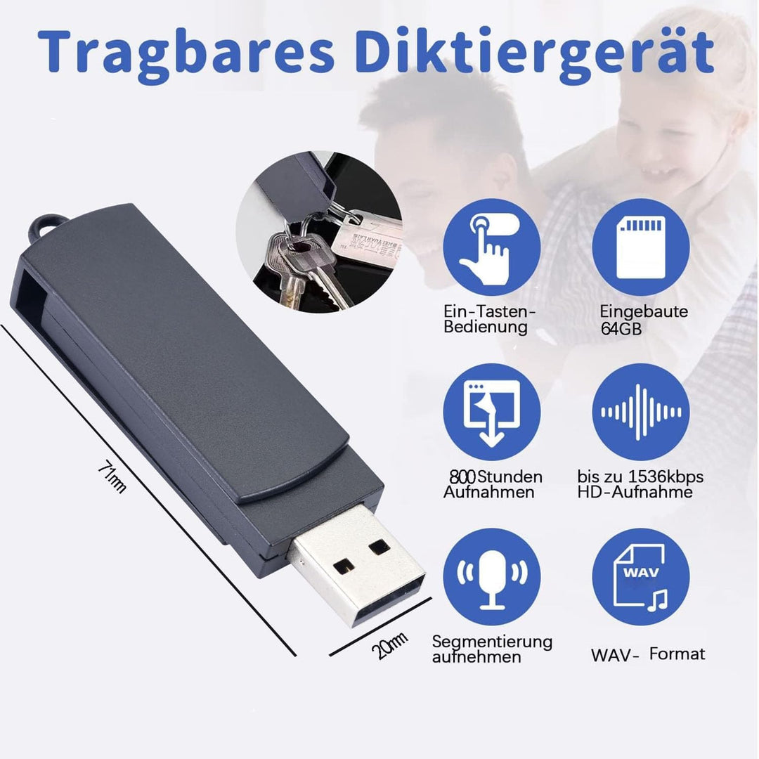 Aufnahmegerä USB Digitaler Voice Recorder Geräuschaktivierte Aufnahmegerät Diktiergeräte (64G) mit V