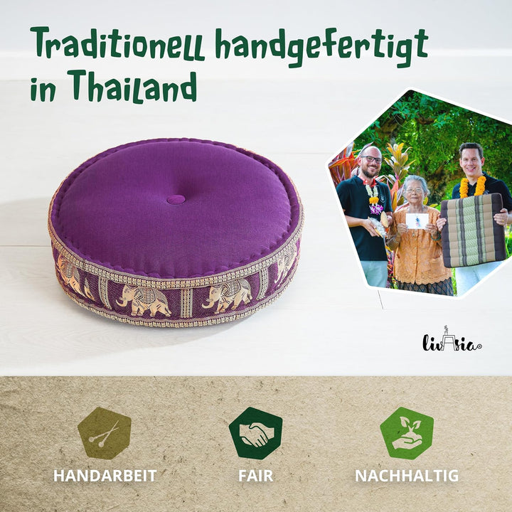 livasia Meditationskissen mit Thaiseide - Ø 45x15cm - Yogakissen mit Kapok, Pouf, Bodenkissen für Yo