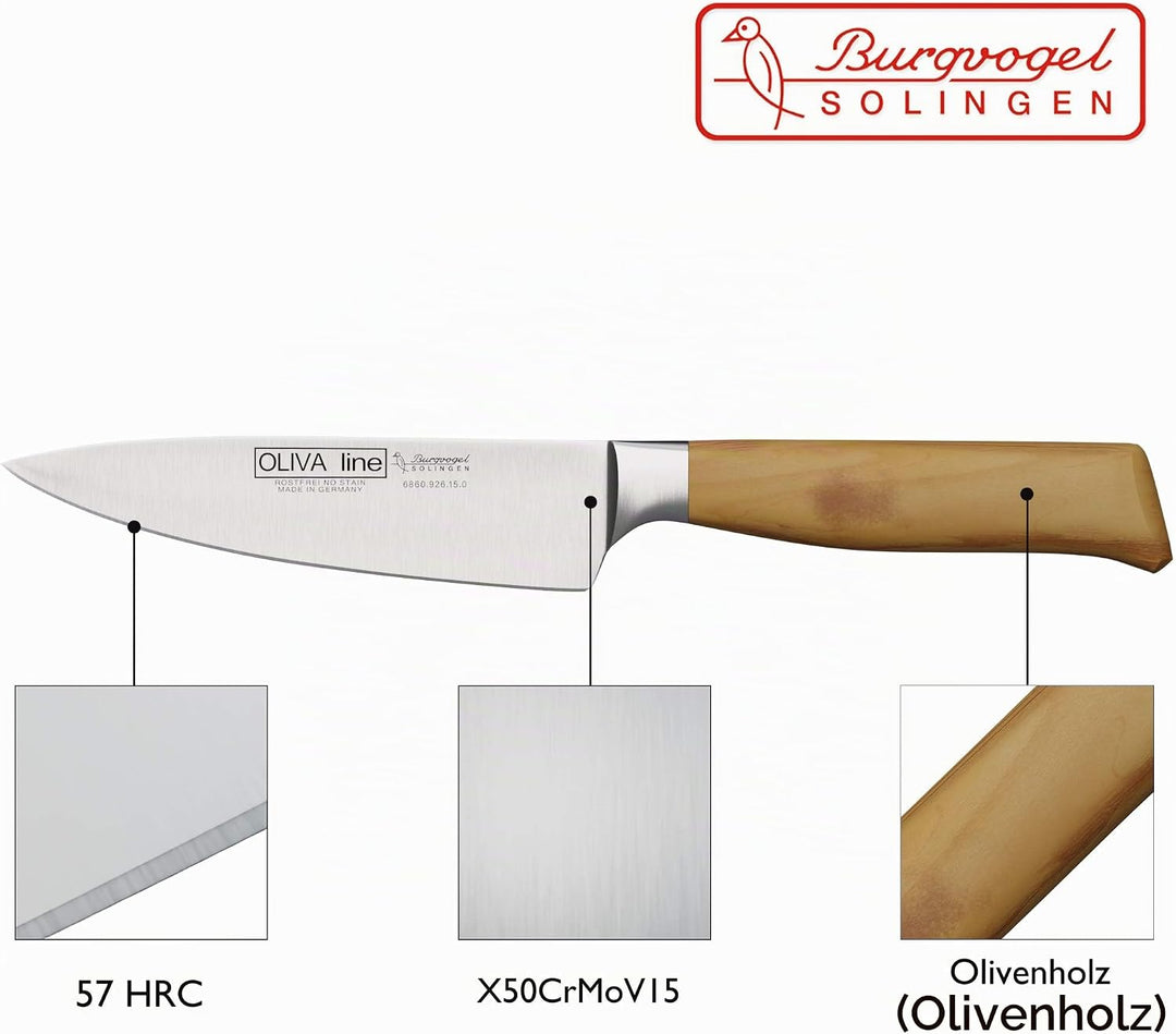 Burgvogel Solingen Kochmesser 15 cm geschmiedet Olivenholz, Oliva Line, rostfrei, deutsches Küchenme