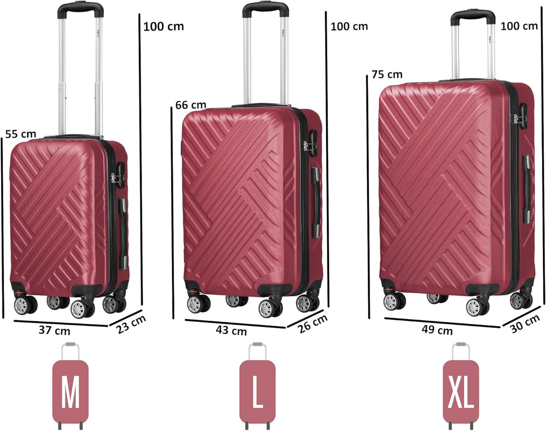Zelsius Koffer Set 3 Stück, Rot | ABS Hartschalenkoffer mit Zahlenschloss, Doppelrollen und Innen Tr