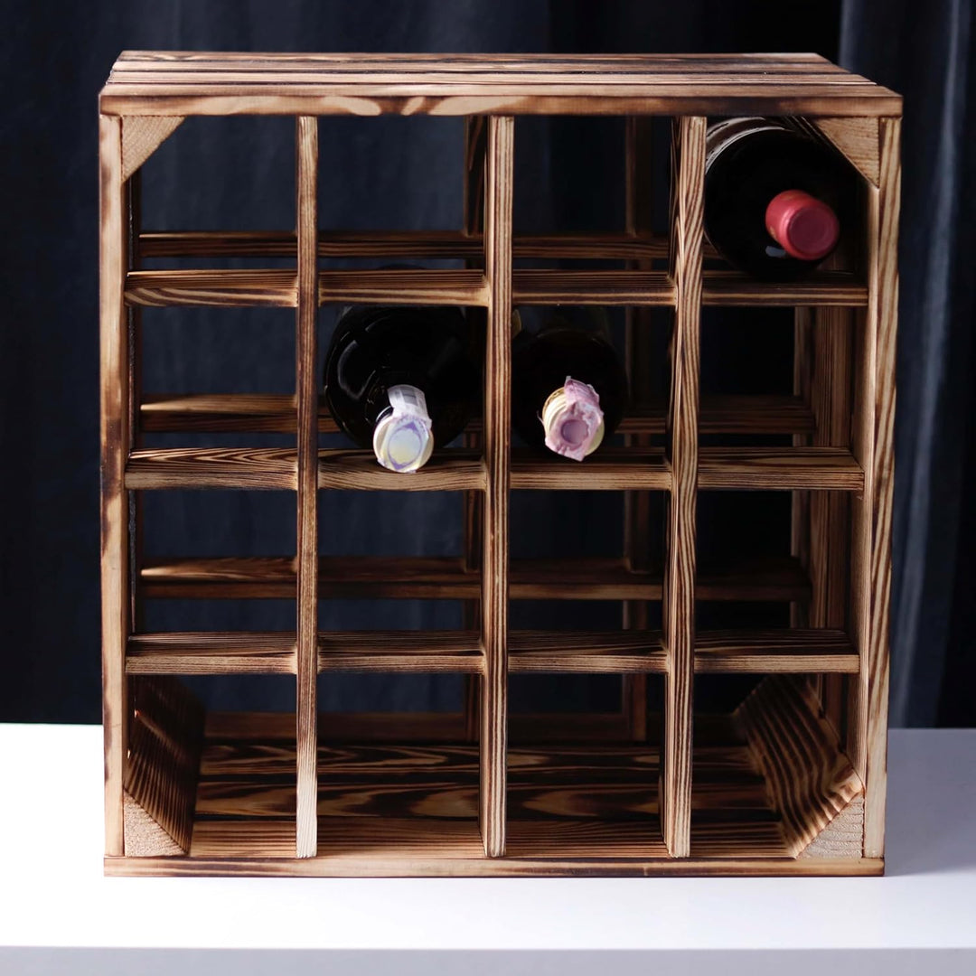 LAUBLUST Grosses Vintage Weinregal - ca. 40 x 40 x 29 cm, Holz Geflammt - Flaschenregal 16 Fächer |