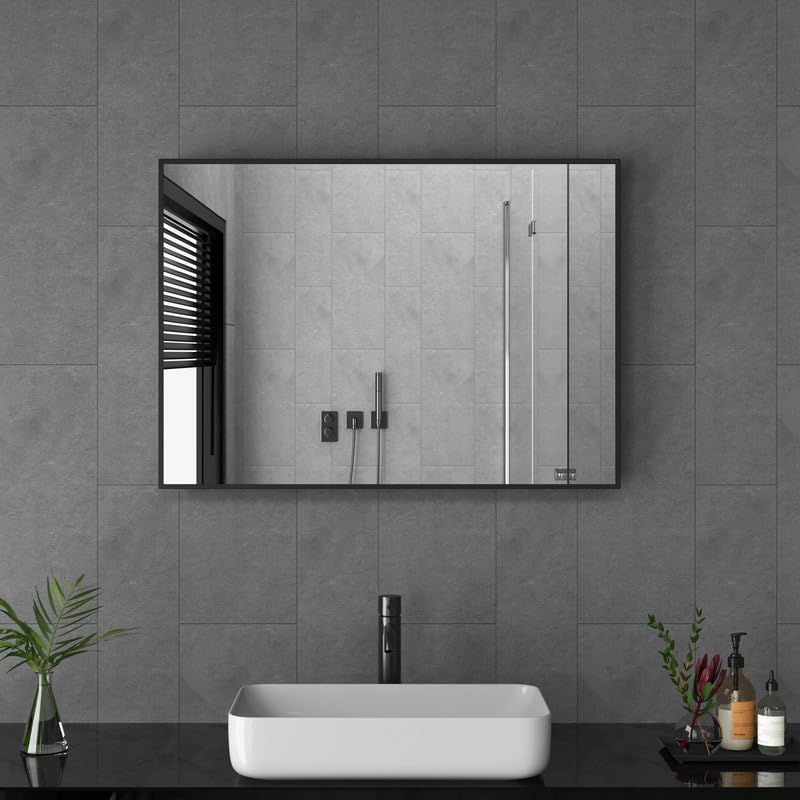 Spiegel Schwarz Wandspiegel 50x70cm Rechteckiger Badspiegel gross Wandmontage Badezimmerspiegel Meta