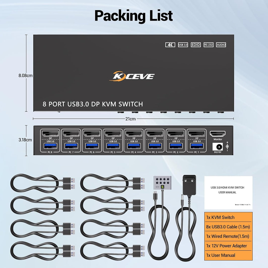 8 Port KVM Switch Displayport 4K@60Hz EDID Simulation, USB 3.0 DP KVM Switch 8 PC Teilen Sie 1 Monit