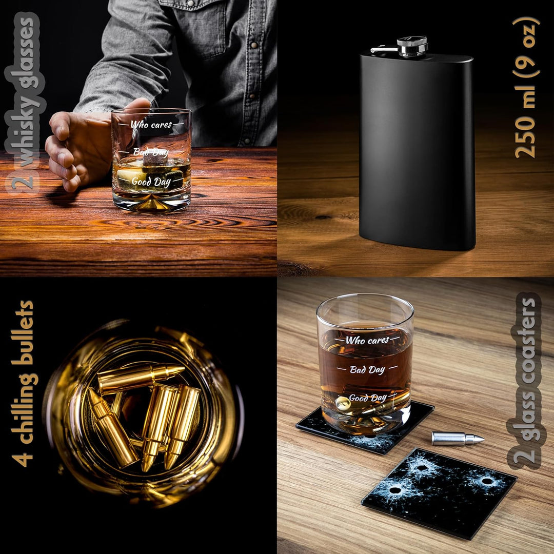 Froster Guitar Whisky Set – Who Cares, 2 Gläser mit Füllhöhen, Flachmann, 4 Whisky-Steine, Eiszange,