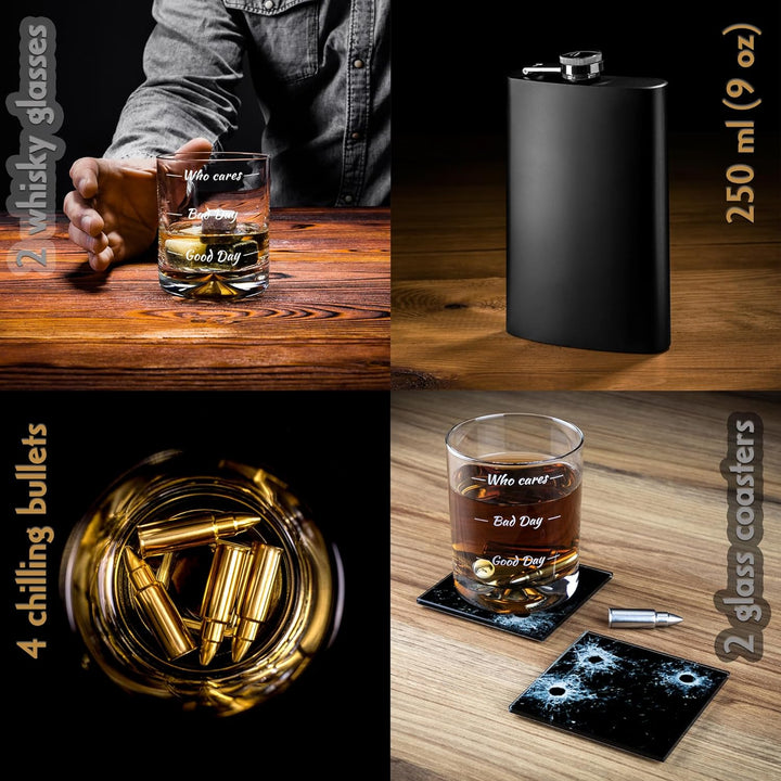 Froster Guitar Whisky Set – Who Cares, 2 Gläser mit Füllhöhen, Flachmann, 4 Whisky-Steine, Eiszange,