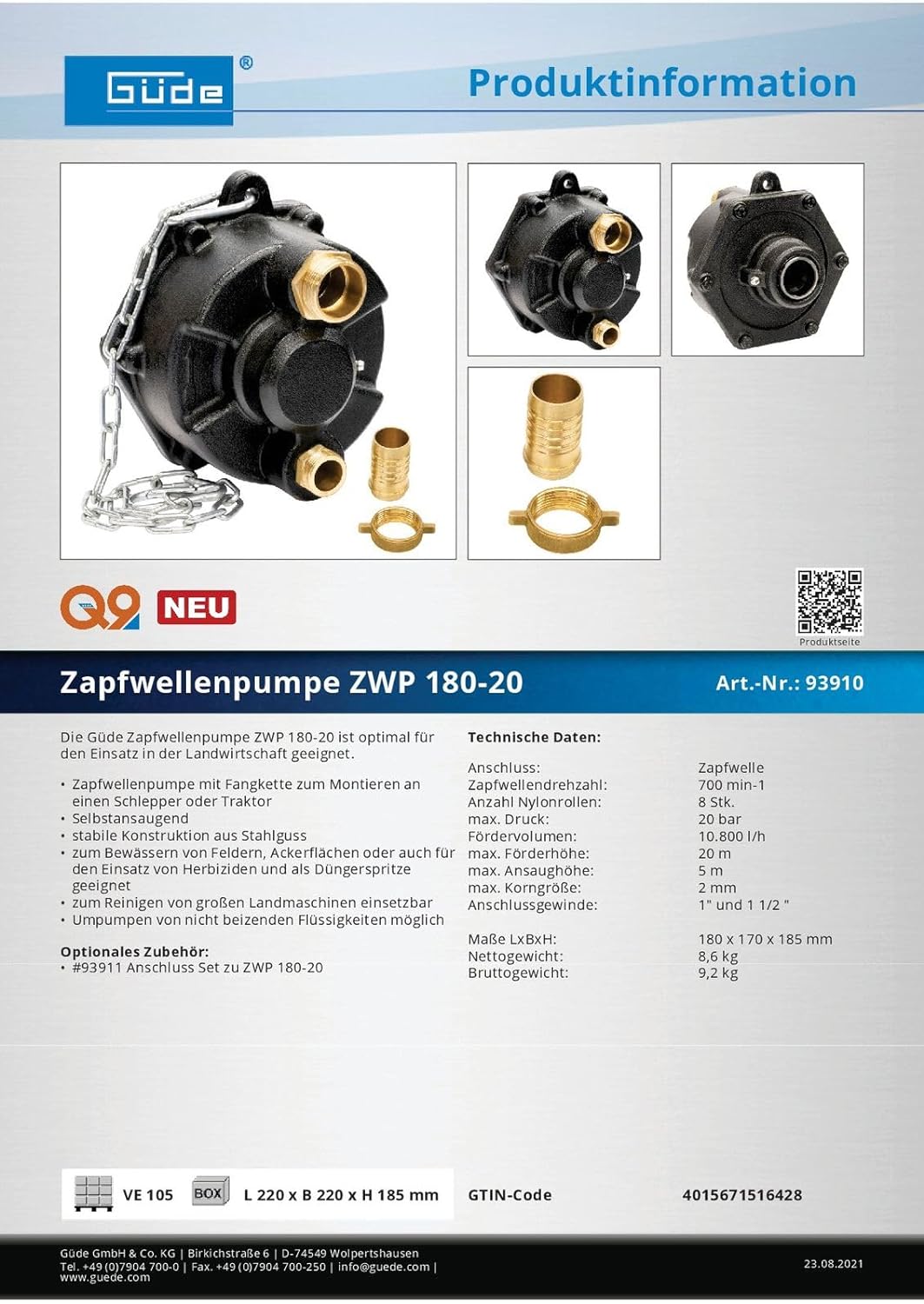 Güde Zapfwellenpumpe ZWP 180-20 Traktor Wasserpumpe für Zapfwelle