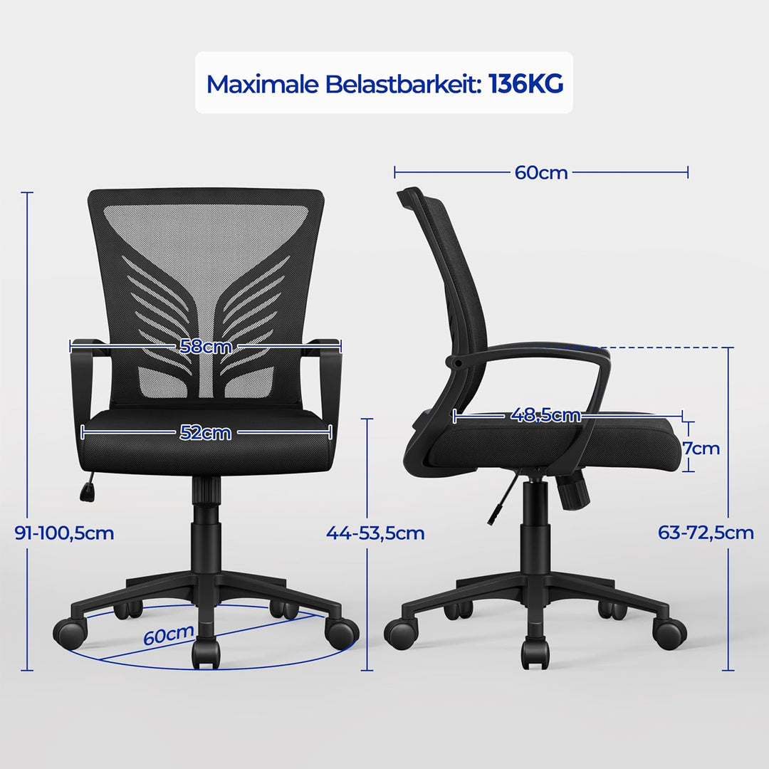 Yaheetech Bürostuhl Ergonomisch, Höhenverstellbarer Schreibtischstuhl mit Lendenwirbelstütze im Schm