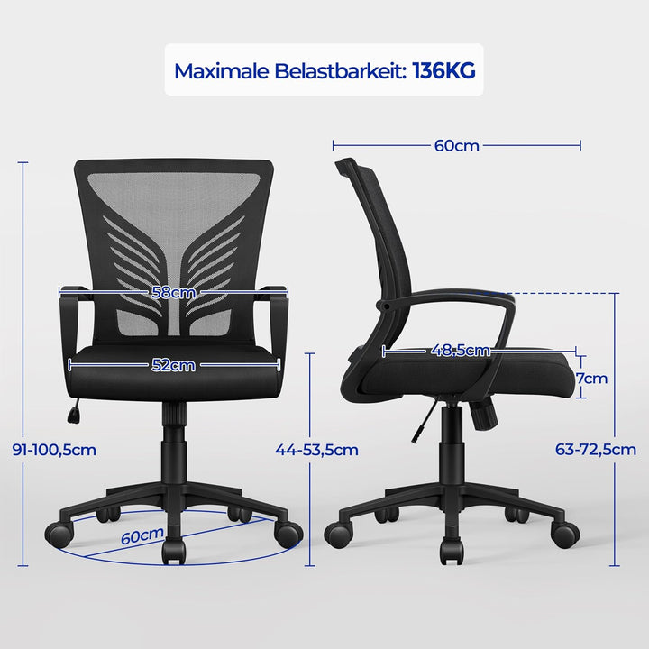 Yaheetech Bürostuhl Ergonomisch, Höhenverstellbarer Schreibtischstuhl mit Lendenwirbelstütze im Schm