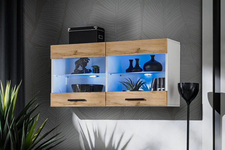Komodee, Vitrine Schrank Savona, Wotan/Weiss, Breite 100cm x Höhe 50cm x Tiefe 30cm, ohne LED, 2 Gla