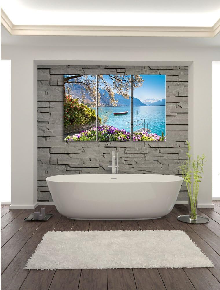 Pixxprint Genfer See im Sonnenschein als Leinwandbild | Grösse: 3 Teilig (120x80) | Wandbild| Kunstd