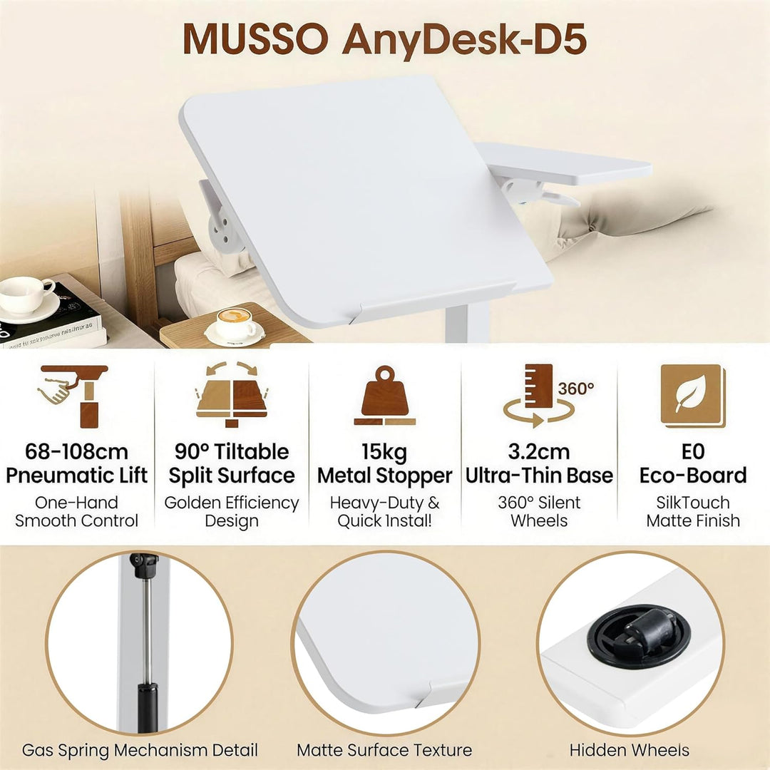 MUSSO AnyDesk-D5 Mobiler Steh-Sitz-Schreibtisch, höhenverstellbar 68-108cm, Laptoptisch mit Gasdruck
