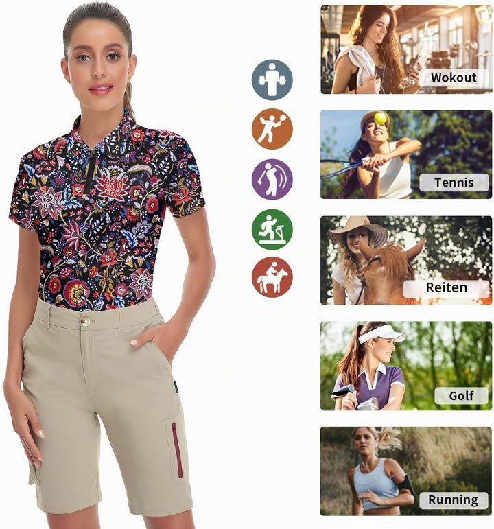 Soneven Poloshirt für Damen Kurzarm Sportshirt mit 1/4 Reissverschluss Sport Tshirts Schnelltrocknen