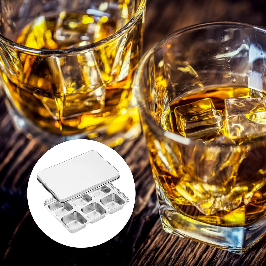 2PCS Eiswürfelform, Eiswürfelbehälter mit Deckel, 6-Fach Gross Edelstahl Eiswürfel Form Ice Cube Tra