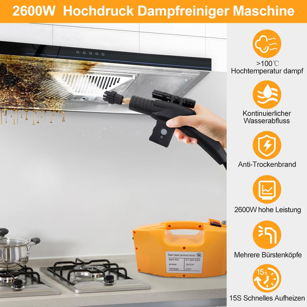 Dampfreiniger Handgerät Tragbarer, Hochdruck Dampfreiniger Maschine Dampfsauger mit Bürstenköpfen, f