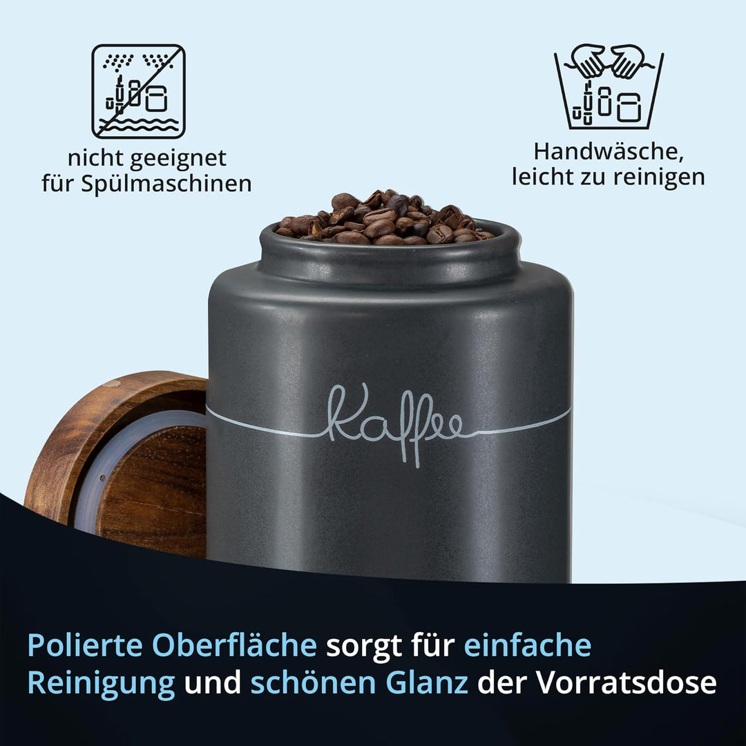 KHG Kaffeedose luftdicht, Keramik Steingut in Anthrazit Grau mit Holz-Deckel, Kapazität 1 Liter, Vor