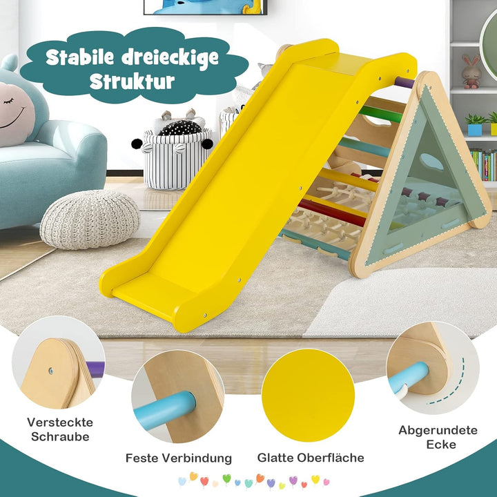 DREAMADE 4 IN 1 Kletterdreieck mit Rutsche und Kletternetz, Holzdreieck Kletterspielzeug aus Holz, I