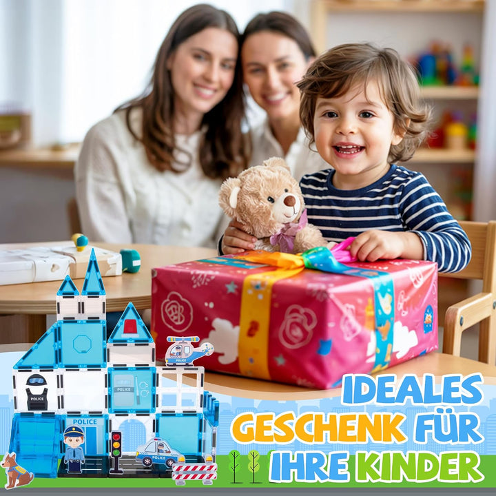 cossy Magnetische Bausteine, 42 Teile Magnetbausteine für Kinder Polizei-Thema, Magnetspiel für Kind