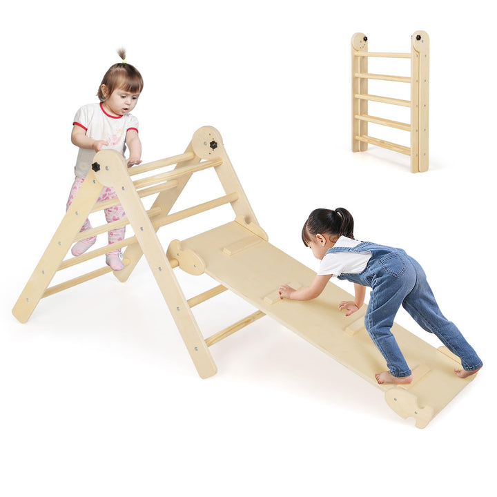 COSTWAY Kletterdreieck mit Rutsche, Sprossendreieck Holz klappbar & höhenverstellbar, inkl. doppelse