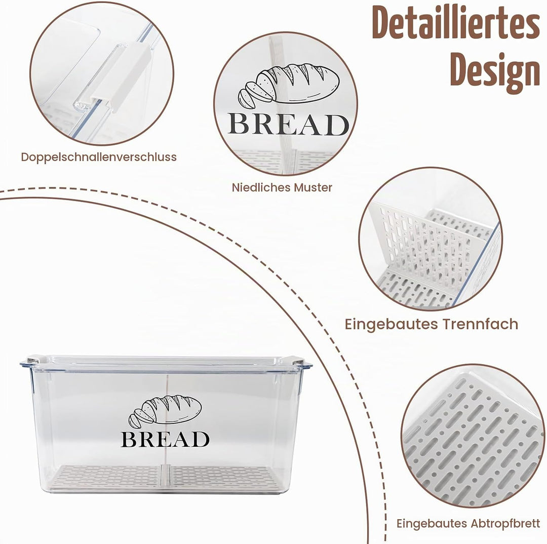 Brotkasten PET Transparent mit Trennwand, Deckel – stapelbare Brotbox mit Clipverschluss als praktis