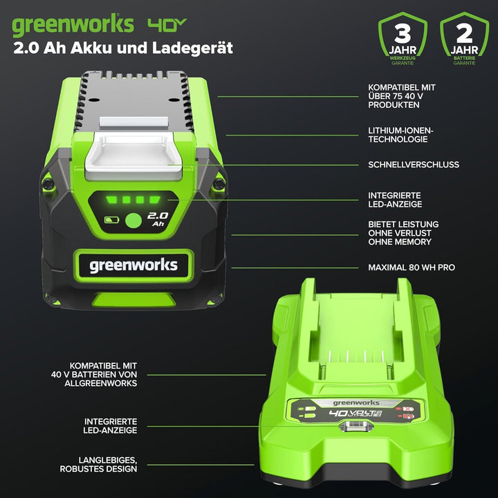 Greenworks 40V Akku & Universal Ladegerät Kit - Original Greenworks leistungsstarker 2Ah Lithium-Ion