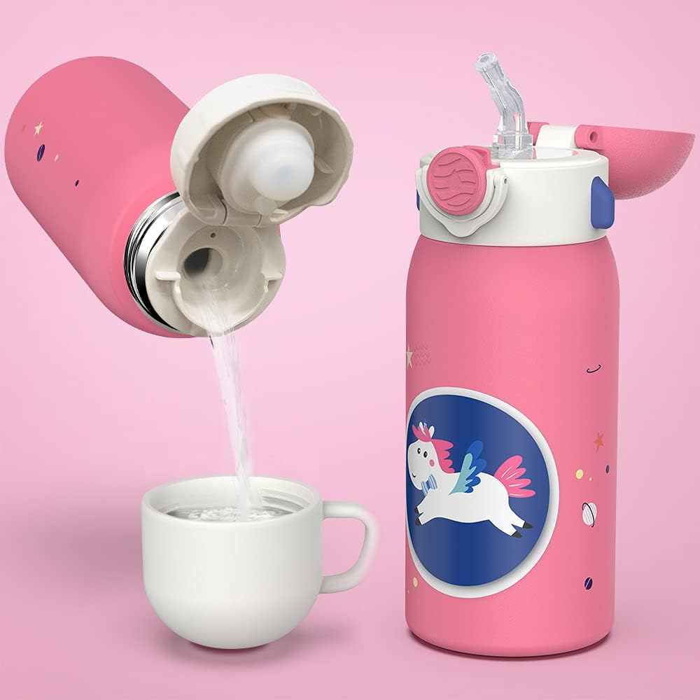 Fjbottle 600ml Trinkflasche Kinder Edelstahlflasche mit Strohhalm + 2 Deckeln, BPA-frei Auslaufsiche