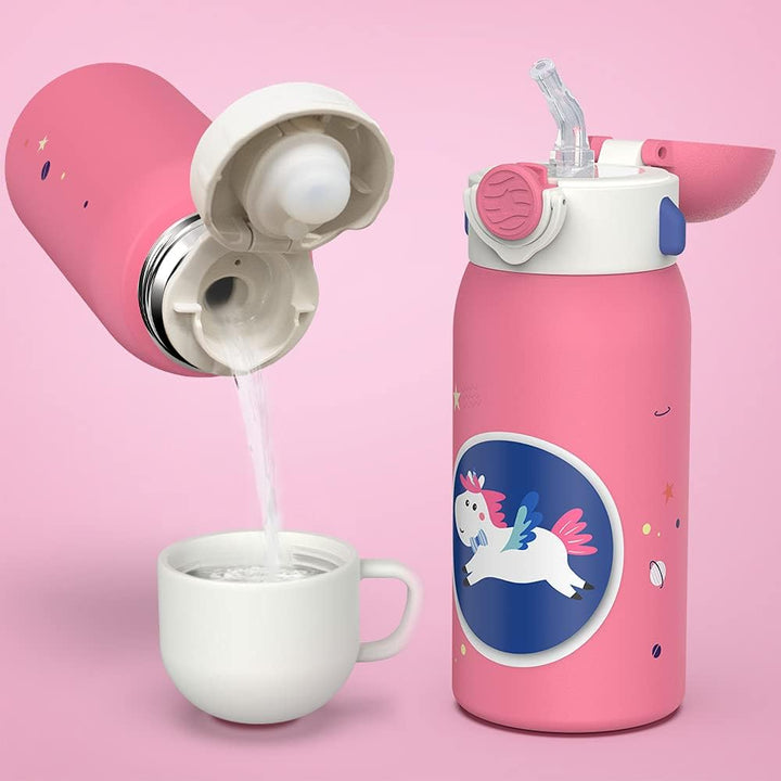 Fjbottle 600ml Trinkflasche Kinder Edelstahlflasche mit Strohhalm + 2 Deckeln, BPA-frei Auslaufsiche