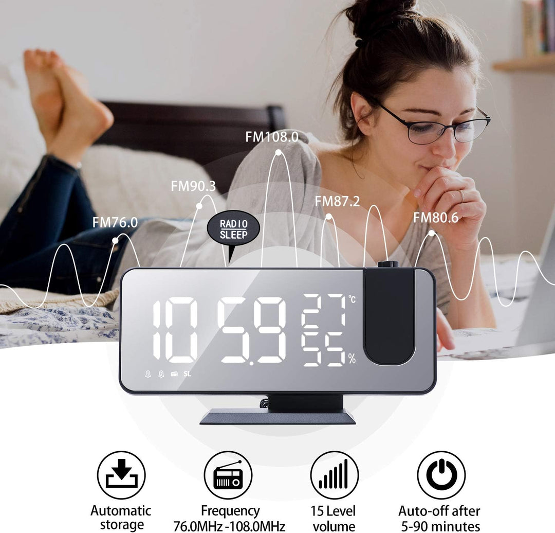 Projektionswecker, Radiowecker Digitaler Wecker mit FM-Radio, 7" LED Spiegelbildschirm, Dual-Alarm m