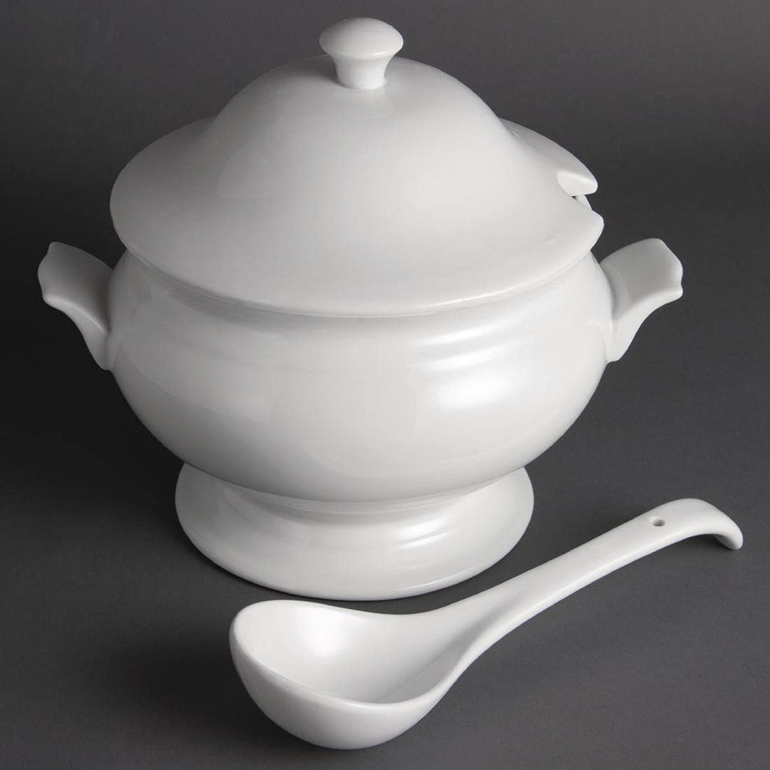 Olympia Whiteware Suppenterrine und Schöpfkelle, 2,5 Liter, weisses Porzellan, Grösse: 227 x 250 mm,