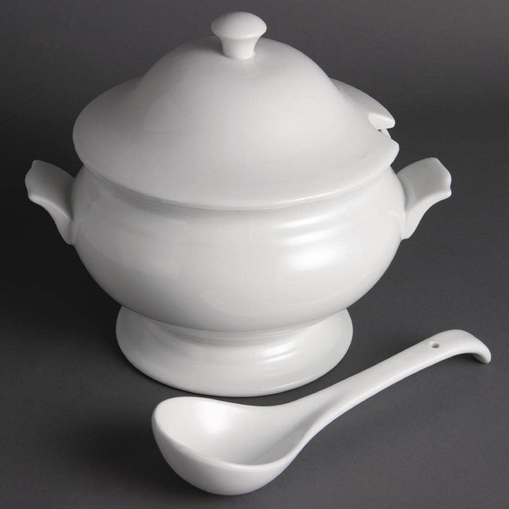 Olympia Whiteware Suppenterrine und Schöpfkelle, 2,5 Liter, weisses Porzellan, Grösse: 227 x 250 mm,