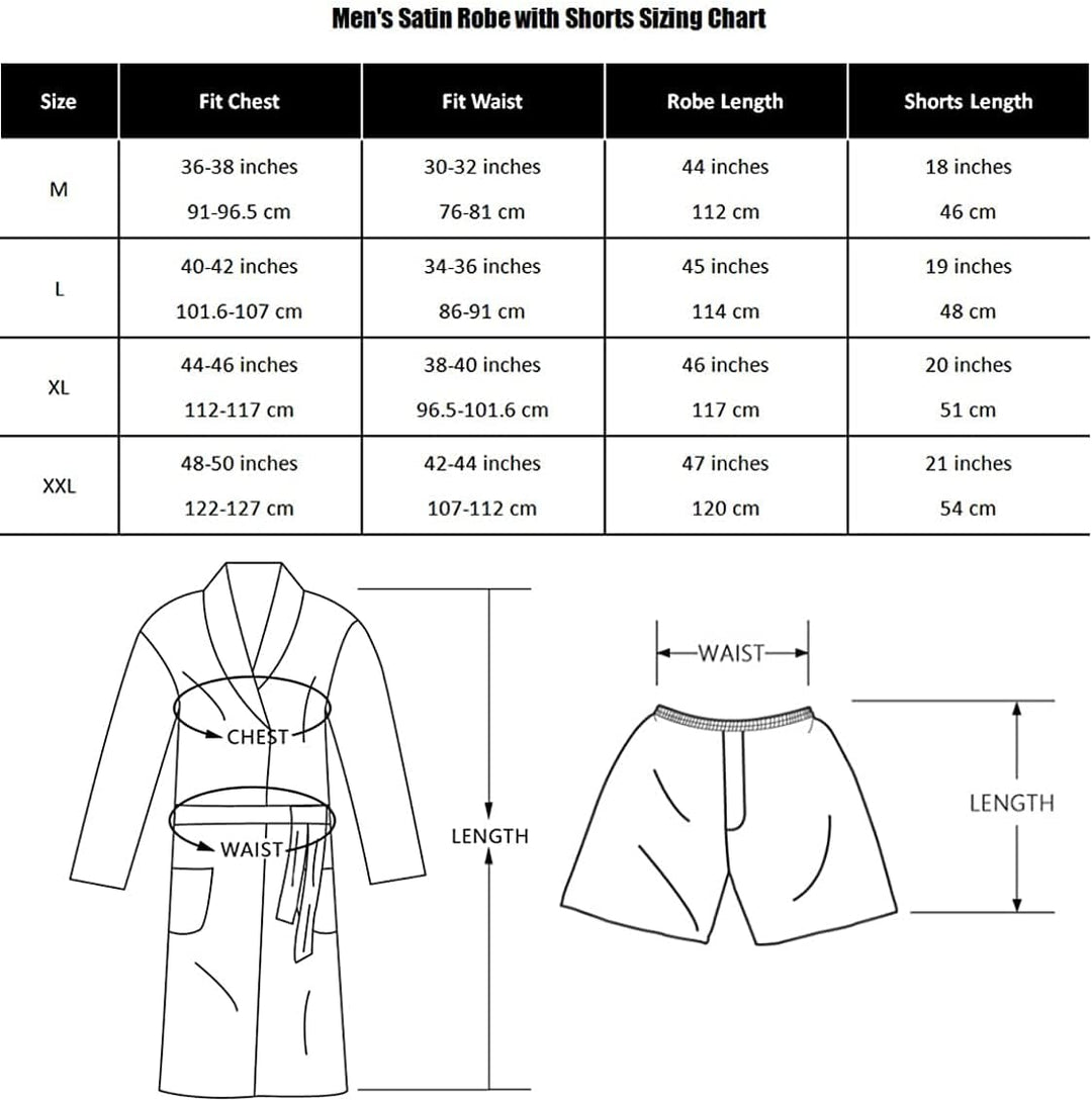 Herren Satin Bademantel, Leichter Seiden Langarm Bademantel mit Shorts Set, Spa Kimono Nachtwäsche M