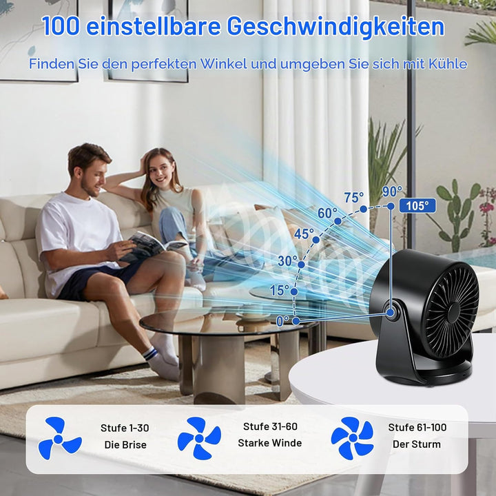 Wiederaufladbarer Tischventilator,Tragbarer Ultraleiser Kleiner Personalventilator mit Akku,105° Ver