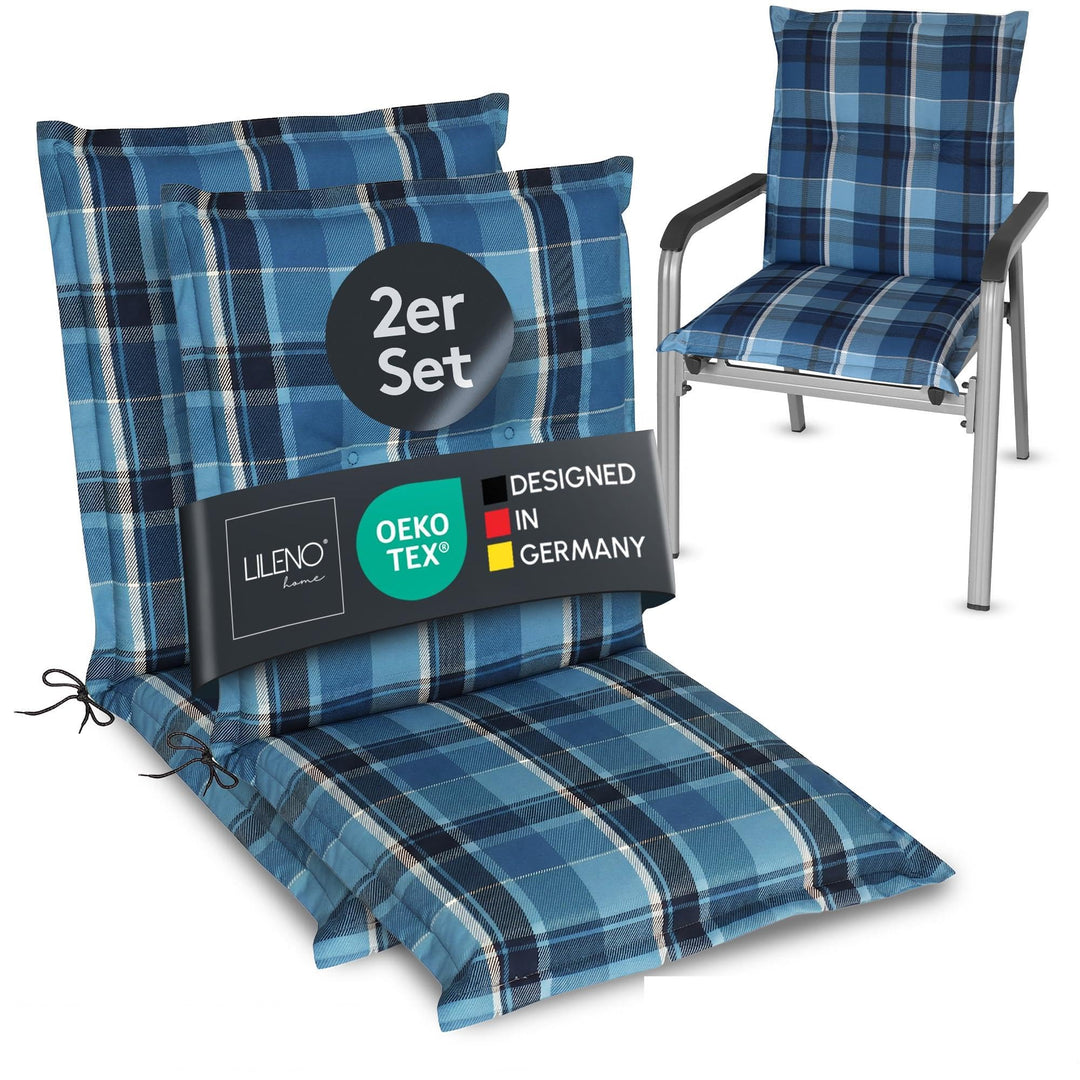 LILENO HOME Gartenstuhl Auflagen als [2er Set - Niedriglehner] in Karo Blau - Bequeme Liegen als Sit