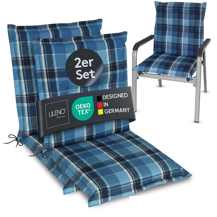 LILENO HOME Gartenstuhl Auflagen als [2er Set - Niedriglehner] in Karo Blau - Bequeme Liegen als Sit