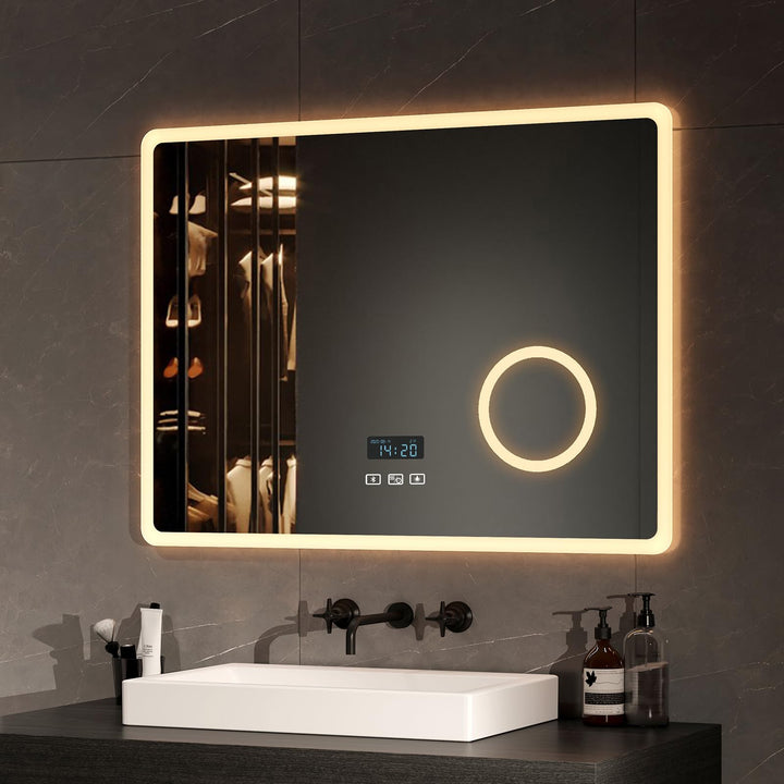 EMKE LED Badspiegel 80x60cm Badezimmerspiegel mit Beleuchtung Warmweissen Lichtspiegel mit Touch Wan