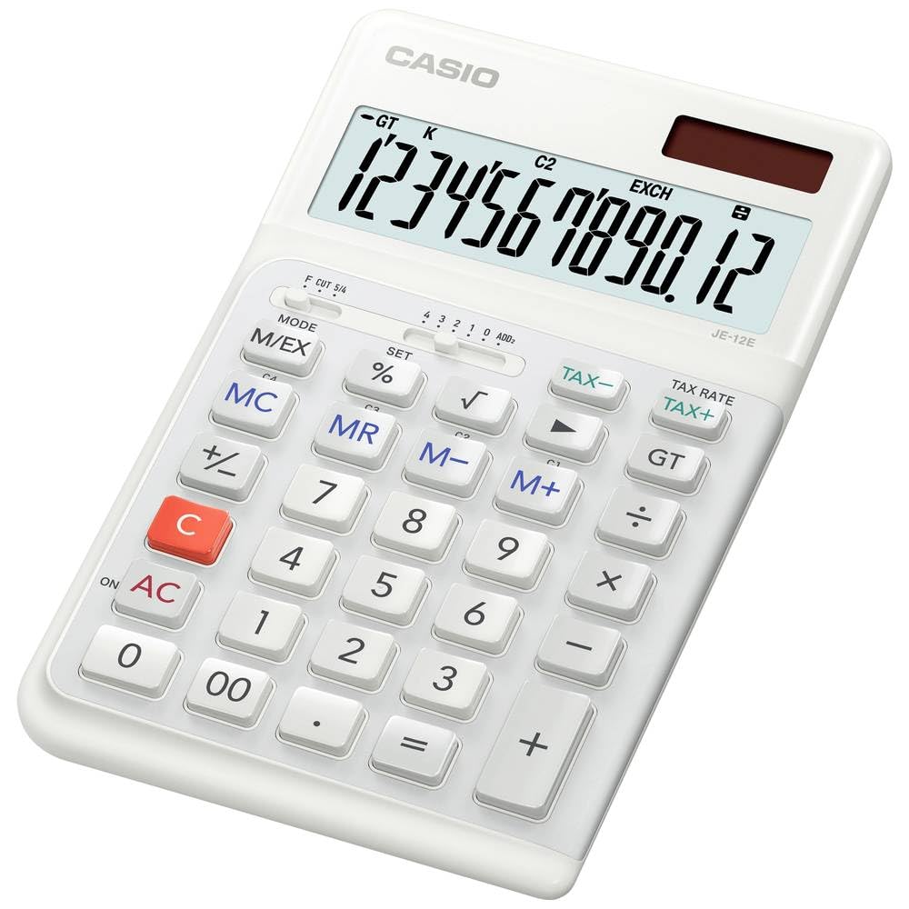 Casio ergonomischer Tischrechner JE-12E-WE, 12-stellig, Tastatur in Treppendesign, vertikale Tastena